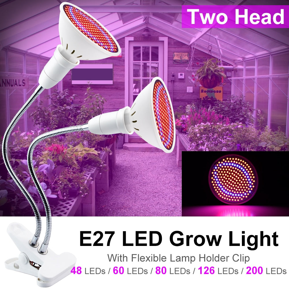 2-head LED Plant Grow Light Bulb E27 LED Full Spectrum EU/US for Lamp Room Dual Flower Seeds Tent Indoor Clip hydro Grow Box