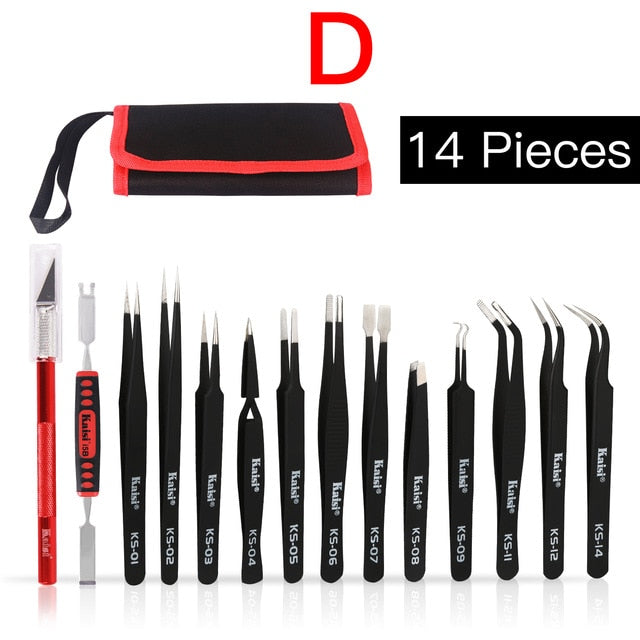 14pcs ESD Tweezers set stainless steel Precision Repair Tweezers for Electronic Mobile Phone Repair Tools Kit blackhead removal