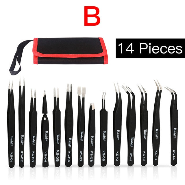 14pcs ESD Tweezers set stainless steel Precision Repair Tweezers for Electronic Mobile Phone Repair Tools Kit blackhead removal