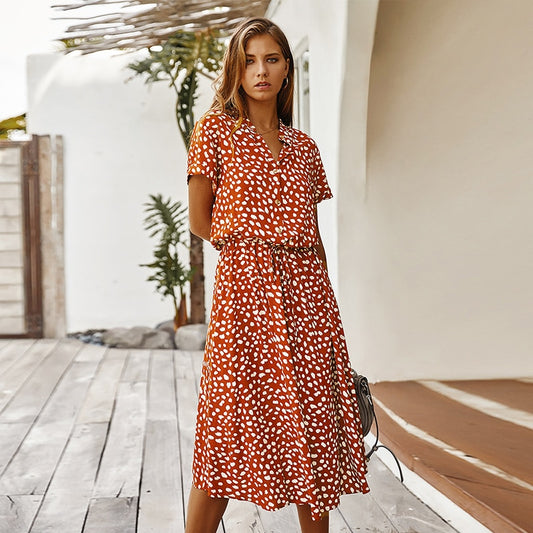 Fashion Polka Dot Print Dress Women High Waist Sashes A Line Summer Dress Short Sleeve Single-Breasted Bohemian Midi Dresses