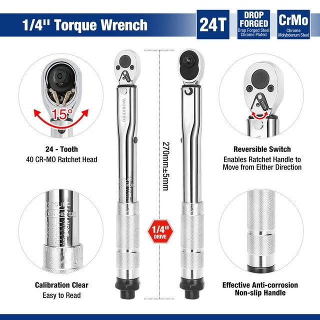 WORKPRO 1/4'' 3/8'' 1/2'' Square Drive Torque Wrench 5-100 Ft-lb Two-way Precise Ratchet Wrench Repair Spanner Key