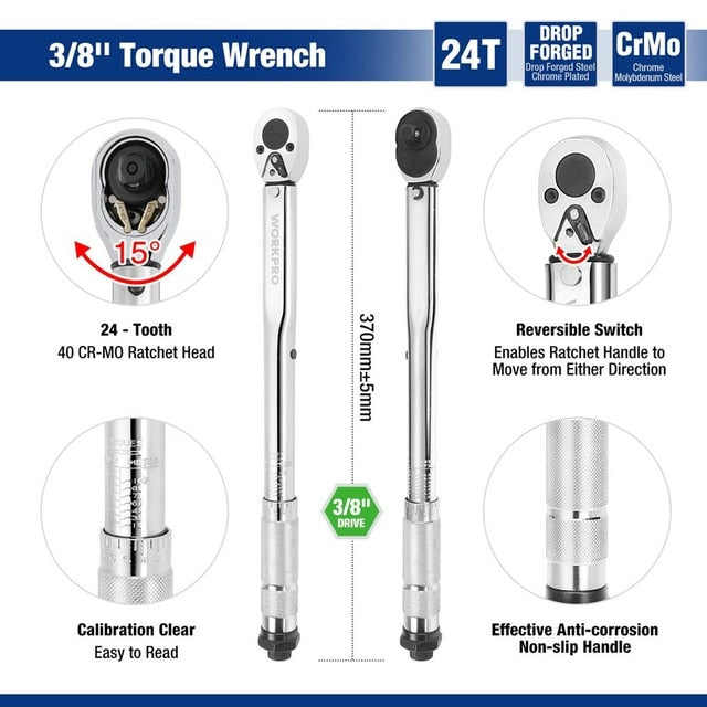 WORKPRO 1/4'' 3/8'' 1/2'' Square Drive Torque Wrench 5-100 Ft-lb Two-way Precise Ratchet Wrench Repair Spanner Key