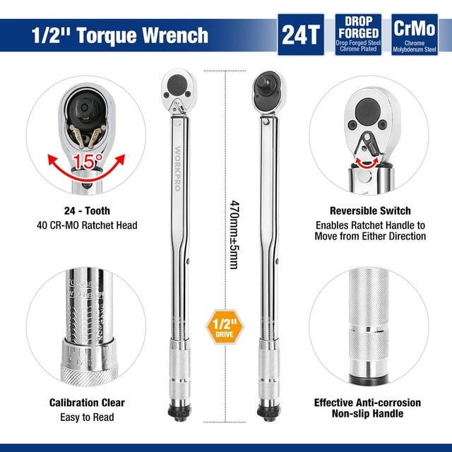 WORKPRO 1/4'' 3/8'' 1/2'' Square Drive Torque Wrench 5-100 Ft-lb Two-way Precise Ratchet Wrench Repair Spanner Key