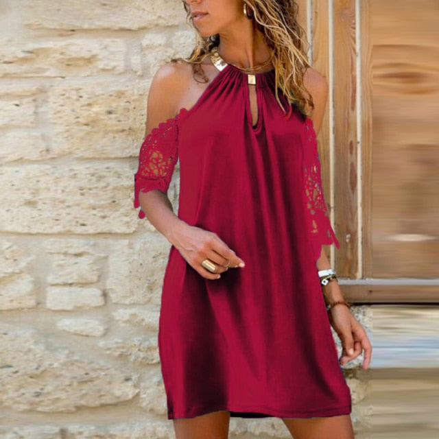 Elegant Halter Short Sleeve Loose Solid Color Ladies Dress Sexy Strapless Hollow Out Mini Dress New Summer Women Dresses Vestido