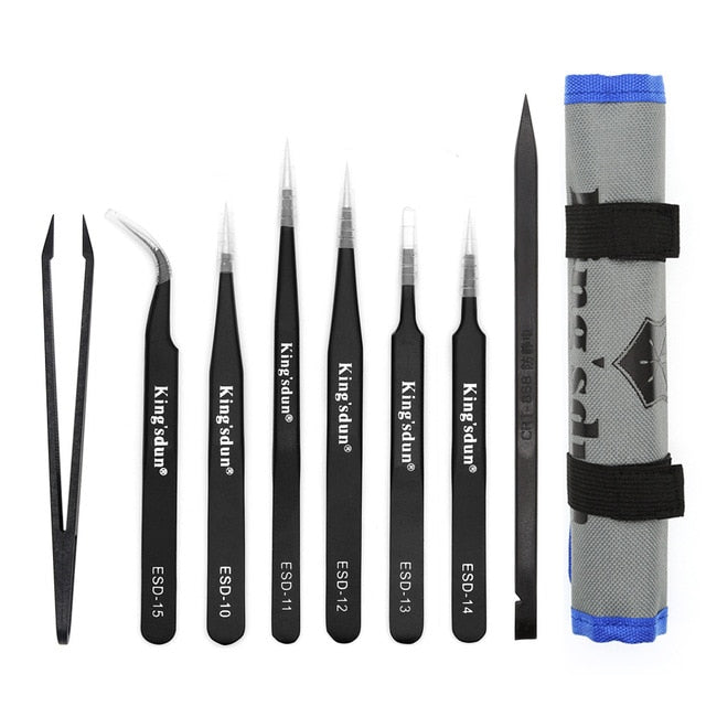 KING'SDUN 8Pcs Anti-static Tweezers ESD Stainless Steel Tweezers Set Industrial Precision Curved Straight Tweezer Repair Tools