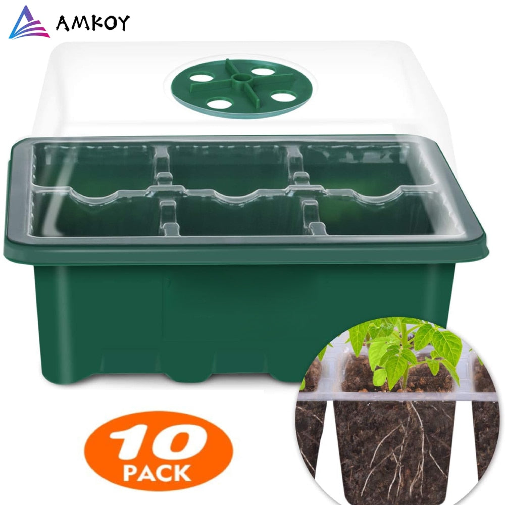 AMKOY 6/12 Cells Seed Starter Kit Plant Seeds Grow Box cSeedling Trays Germination Box with Dome and Base