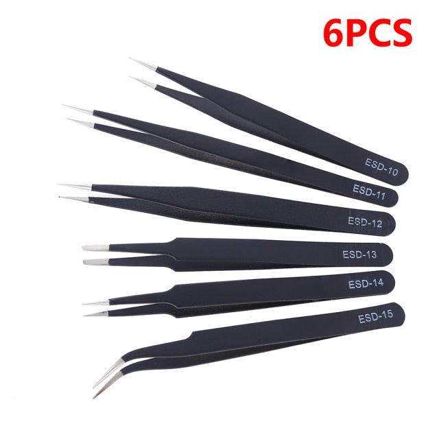 2/6 Pcs Anti-static ESD Stainless Steel Tweezers Maintenance Tools Industrial Precision Curved Straight Tweezers Repair Tools