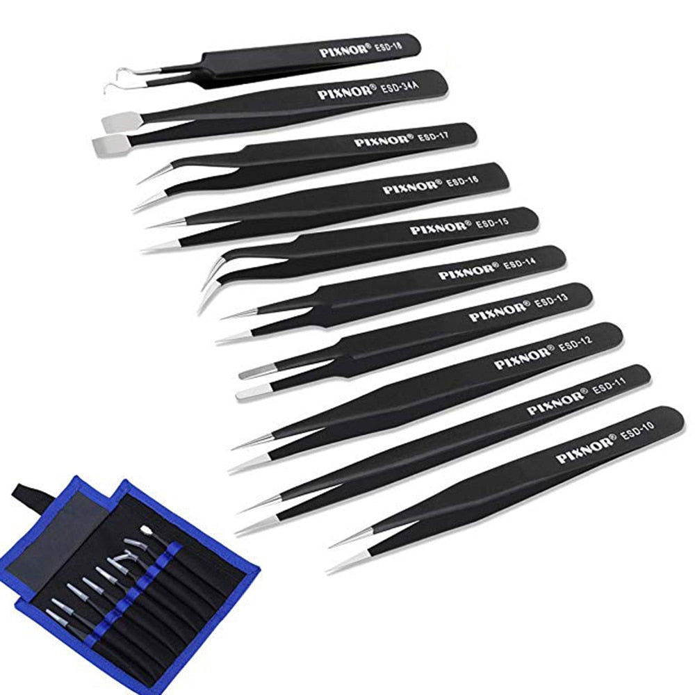 6Pcs/10Pcs Anti-static ESD Tweezers Electronics Stainless Steel Tweezer Curved Straight Repair Tool Industrial Tweezers