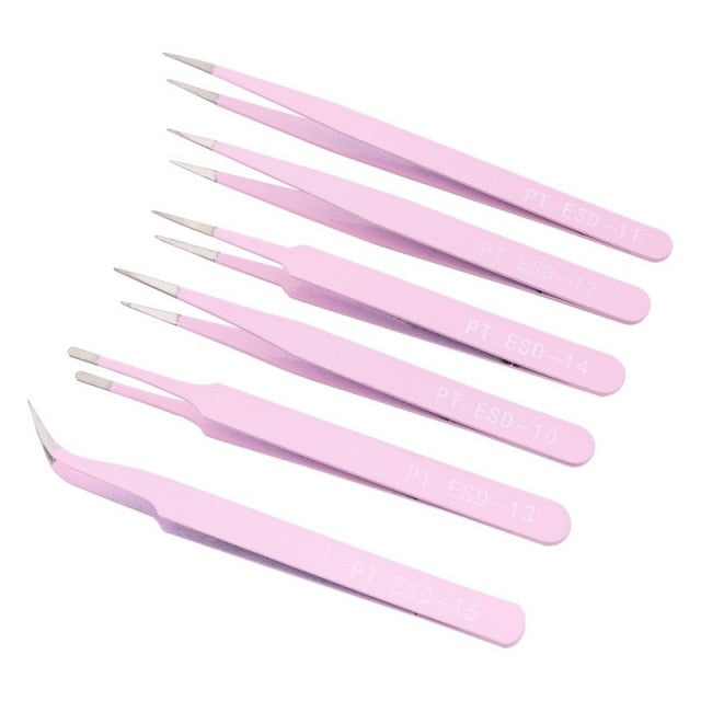 6Pcs/10Pcs Anti-static ESD Tweezers Electronics Stainless Steel Tweezer Curved Straight Repair Tool Industrial Tweezers