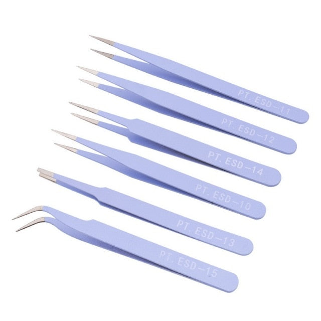 6Pcs/10Pcs Anti-static ESD Tweezers Electronics Stainless Steel Tweezer Curved Straight Repair Tool Industrial Tweezers