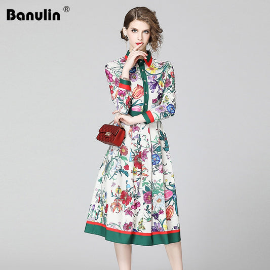 Banulin 2021 Spring Summer Fashion Runway Shirt Dress Women's Long Sleeve Elegant Floral Stripe Print OL Pleated Midi Dress