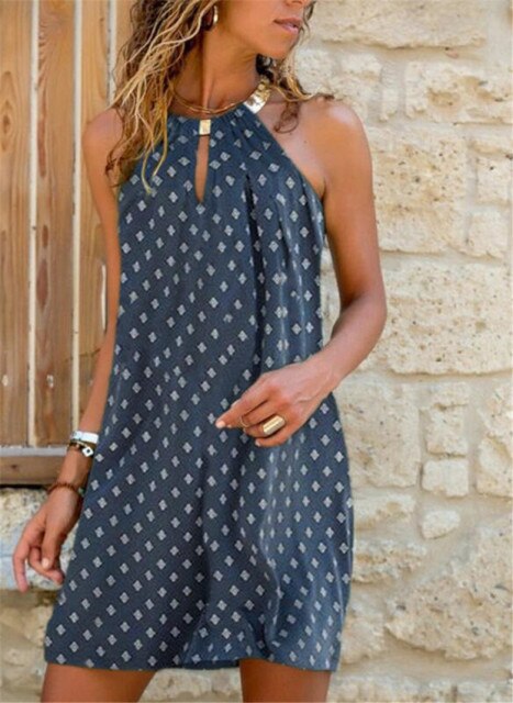 Sexy Women Lattice Print Halter Dress Summer Harajuku Sleeveless Mini A-line Dresses Girls Hollow Out Beach Dresses Clubwear