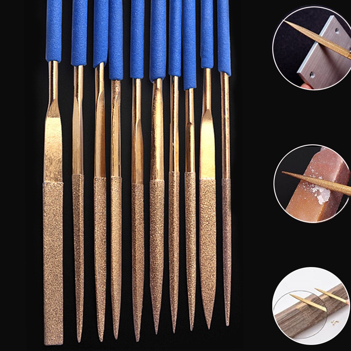 10Pcs Titanium Coated Diamond Needle Files Set 3x140mm Soft Rubber Handles Variety Shapes Diamond Files For Metal Glass Ceramic