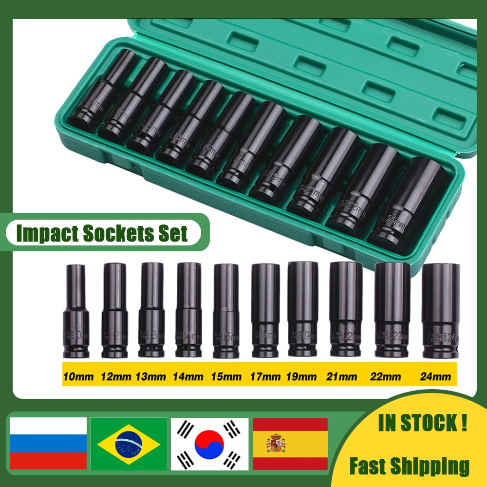 1/2Inch Drive 6-Point Impact Sockets Set 10Pcs Metric Sizes 10-24mm Carbon Steel with Hard Storage Box Hand Tools Set