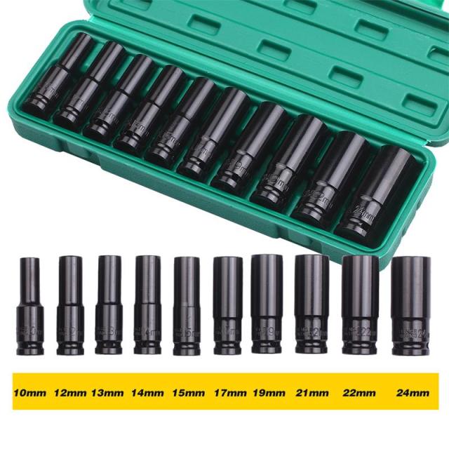 1/2Inch Drive 6-Point Impact Sockets Set 10Pcs Metric Sizes 10-24mm Carbon Steel with Hard Storage Box Hand Tools Set